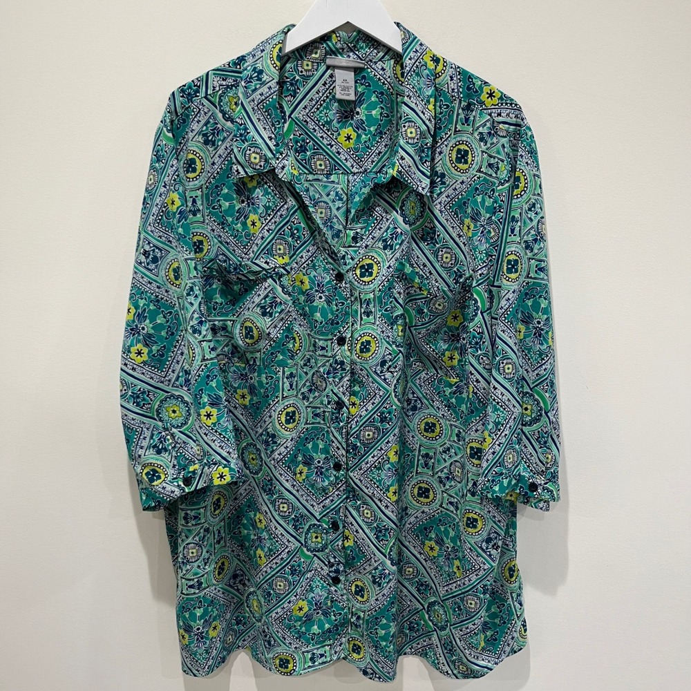 Catherines Womens Top 4X Blue Green‎ Paisley Geometric Button Up Tunic Casual - Picture 2 of 7